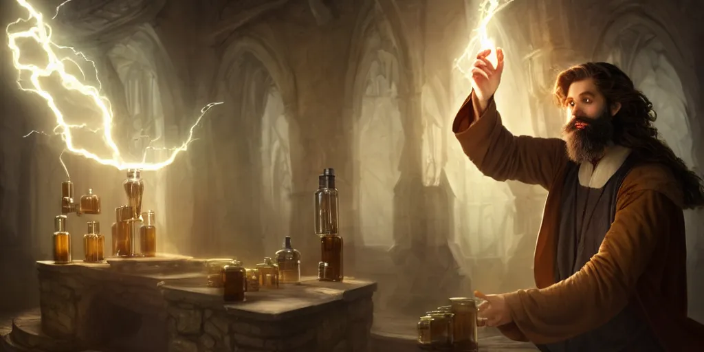Image similar to a handsome bearded caucasian male sorcerer with brown hair he is casting a spell with flowing energy, he is in a alchemist lab filled with beakers and equipment, neutral pose, epic composition, 4 k, light rays, super coherent, by dave melvin 1. 0 | dan luvisi 2. 0 | greg rutkowski 0. 5