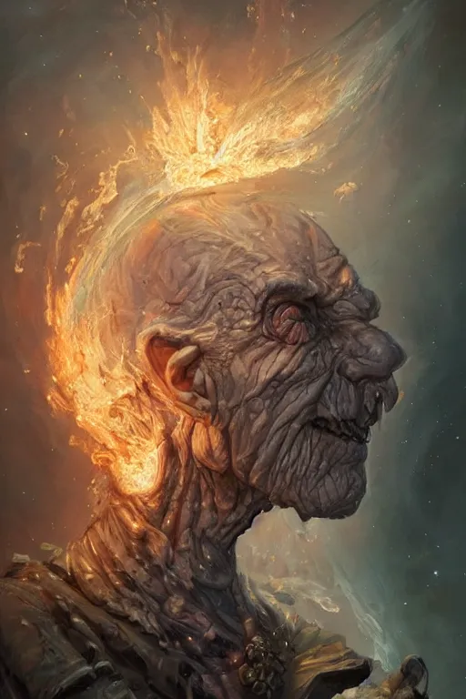 Prompt: the look of an elderly person, necromancer, witch - doctor covered with ice exploding into fire, full of wrinkles and imperfections, electricity highly detailed, high contrast, light reflection, trippy, nebula, trending on artstation by artgem, by peter mohrbacher, by wlop, by ruan jia