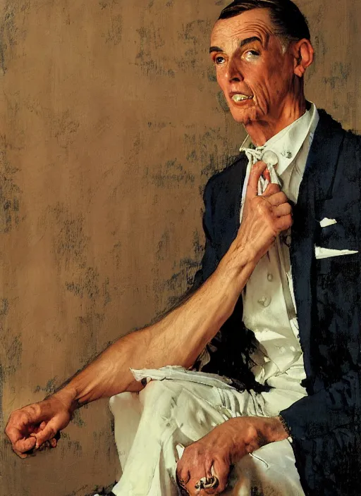 Image similar to illustration upper body and head portrait of elegant man in summer dress, by norman rockwell, roberto ferri, daniel gerhartz, edd cartier, jack kirby, howard v brown, ruan jia, tom lovell, frank r paul, jacob collins, dean cornwell, pulp 5 0 s scifi