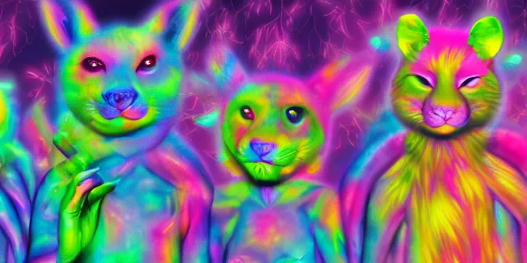 Image similar to hyperrealistic lisa frank nightmare creatures emerging from the fog