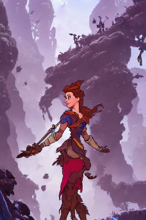 Image similar to pencil spot illustrations of various disney characters combined with a horizon zero dawn 2 aesthetic, d & d, fantasy, intricate, elegant, highly detailed, digital painting, artstation, concept art, matte, sharp focus, illustration, hearthstone, art by bridgeman and artgerm and greg rutkowski and alphonse mucha and ruan jia and conrad roset