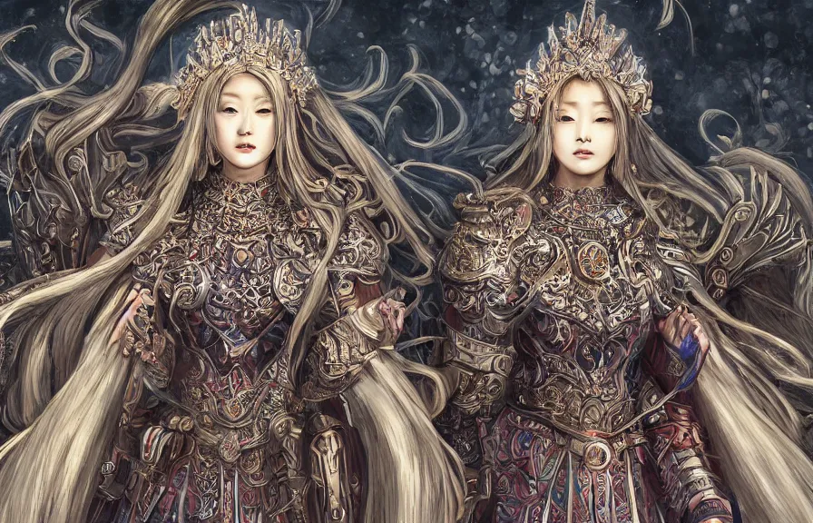 Prompt: an concept art of the korean queen surrounded by magic guards, long hair, makeup, intricate details, detailed face, detailed dress, one face, artstation, epic pose, colourful light, by kentaro miura and masanori warugai