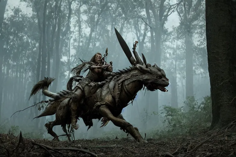 Image similar to vfx movie closeup detailed ancient armored warrior orc hunting riding large wolf in the forest, natural lighting by emmanuel lubezki