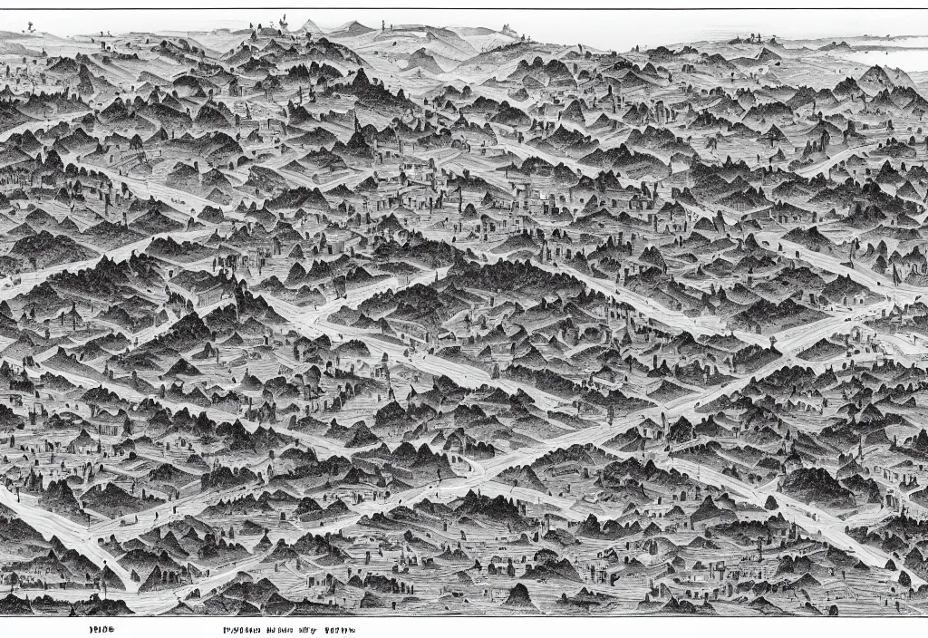 Image similar to A forested hill surrounded by a city, isometric view, engraving, black and white