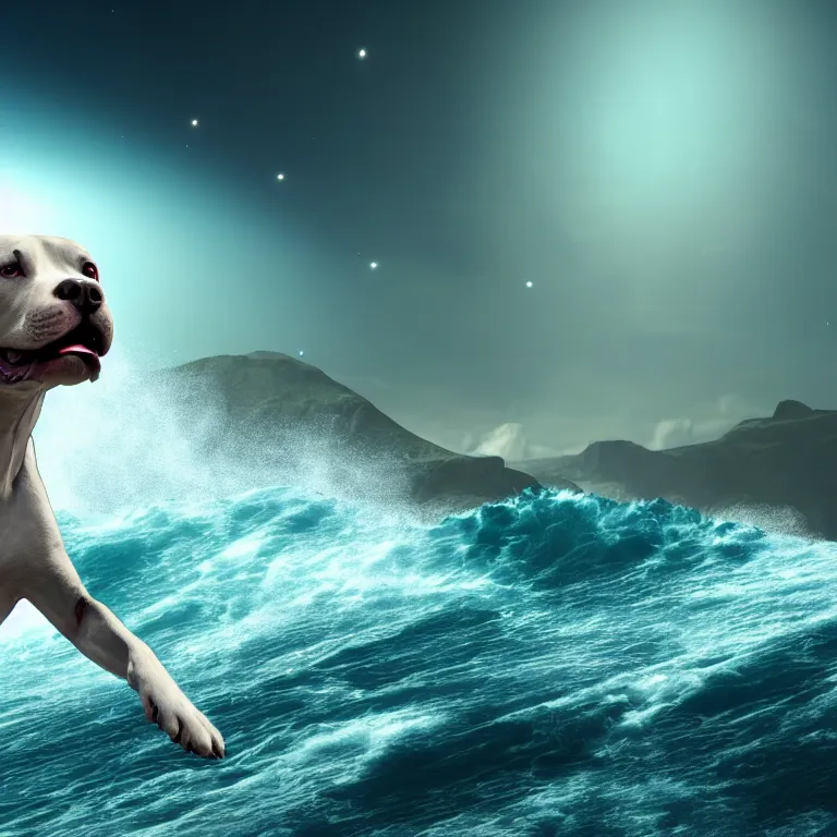 Image similar to photo of a gray coat pit bull with white paws, surfing on a surfboard in a crashing wave of alien ocean in space, background is an alien galaxy, aliens in the background, alien colors, octane render, unreal engine, wide view, 8 k, high detaild