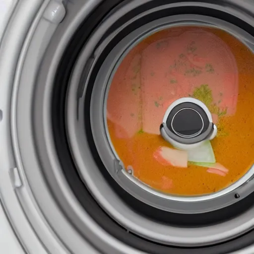 Prompt: soup inside of a washing machine, photography, realistic