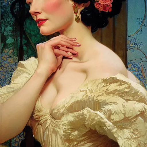 Image similar to portrait of a beautiful woman, intricate, elegant, highly detailed, by gil elvgren, by greg manchess, by mucha, by ruan jia