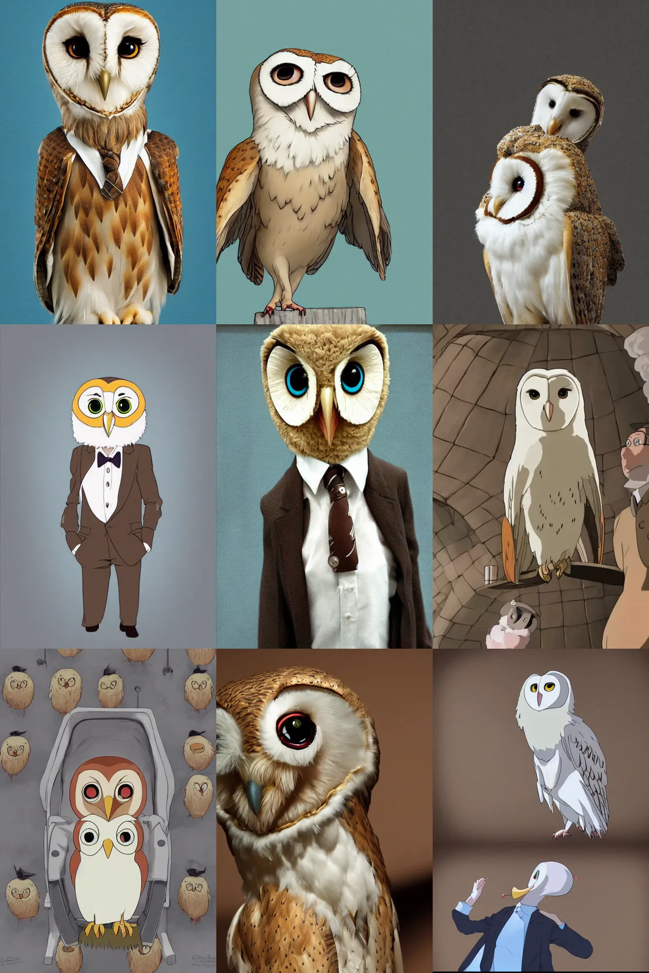 Prompt: a shoot of a cute anthropomorphic barn owl wearing a suit in a Studio Ghibli movie, symetric face and body, highly detailed