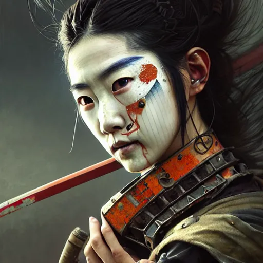 Image similar to portrait painting of a post - apocalyptic japanese lady with warpaint on her face wearing rusty samurai armor, ultra realistic, concept art, intricate details, eerie, highly detailed, photorealistic, octane render, 8 k, unreal engine. art by artgerm and greg rutkowski and charlie bowater and magali villeneuve and alphonse mucha