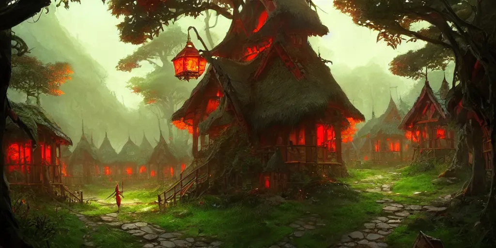 Prompt: Small elven village in deep lush forest with red lamp posts and wooden huts. In style of Greg Rutkowski, Jesper Ejsing, Makoto Shinkai, trending on ArtStation, fantasy, great composition, concept art, highly detailed, scenery, 8K, Behance.