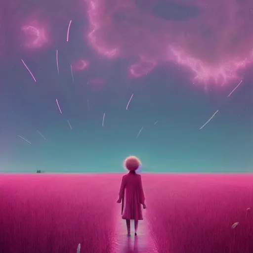 Image similar to giant pink daisy flower over head, girl walking in wheat field, hills, surreal photography, dark night, star trails, dramatic light, impressionist painting, clouds, digital painting, artstation, simon stalenhag