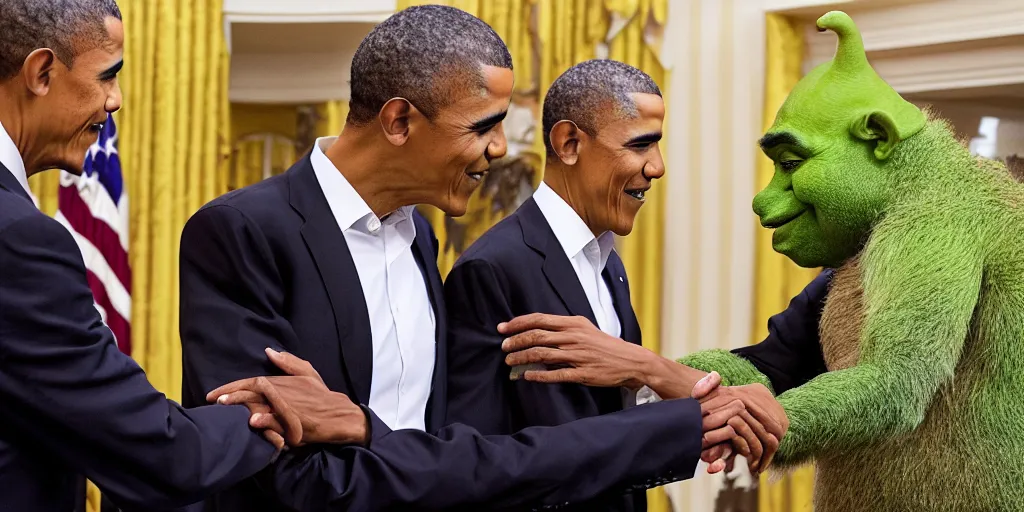 Image similar to A photo of a handshake between barrack obama and shrek inside the white house