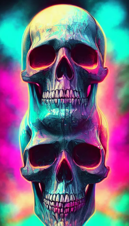 Image similar to a colorful skull with a cross on it's forehead, cyberpunk art by stanley twardowicz, cgsociety, computer art, neon, wallpaper, glowing neon