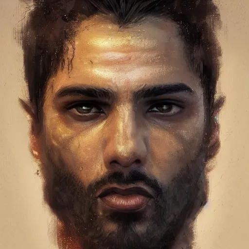 Image similar to Portrait of a man by Greg Rutkowski, he is about 30 years old, mixture between persian, indian and texan, wide forehead, short black hair, manly, attractive, strong and burly, he is wearing a utilitarian beige and black jumpsuit, highly detailed portrait, scifi, digital painting, artstation, concept art, smooth, sharp foccus ilustration, Artstation HQ