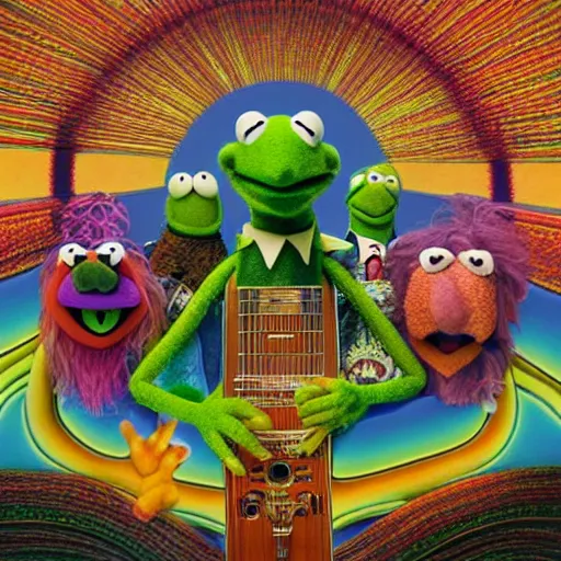 Image similar to animal the muppet on tool album cover, 8 k resolution hyperdetailed scary dystopian surrealism style of alex grey