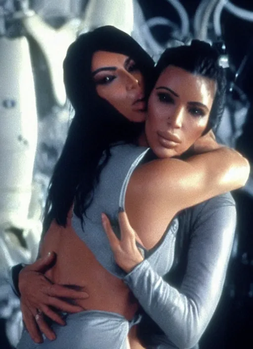 Image similar to film still of kim kardashian hugging an xenomorph in Alien.