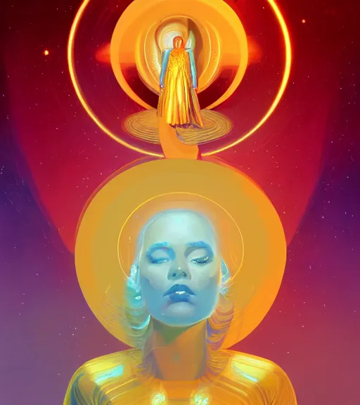 Prompt: a golden woman 2/3 portrait, in space, head breaking apart and spiraling geometry into the sky upwards into the heavens, 3 point perspective, lazer light beaming down to top of her head, by james jean, by syd mead artgerm, featured in artstation,, elegant, Moebius, Greg rutkowski, futurism