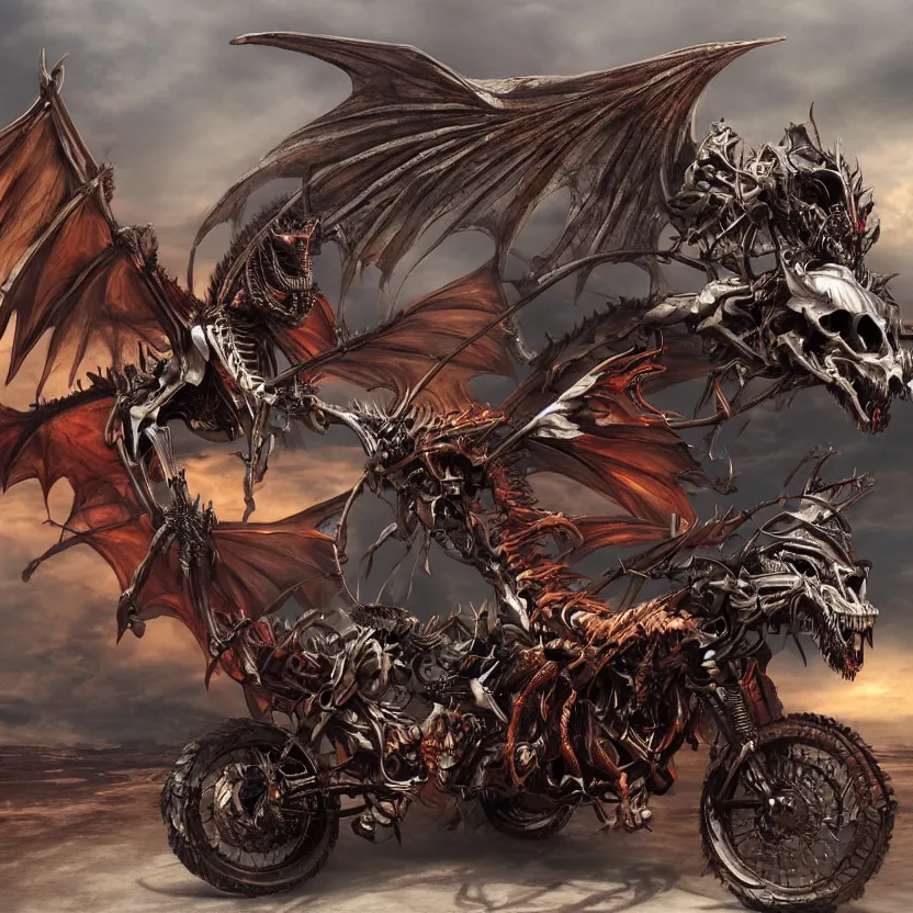 Image similar to a gigantic skeleton dragon motorcycle, advertisement photography, artstation, digital art,