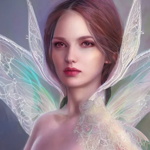 Prompt: detailed portrait of a fairy queen with wings wearing a silk and lace robe and a lace hood over her face, pixie, realism, emerald, galaxy, sapphire,blonde hair going down to the floor, moonlit, dark fantasy, dramatic lighting, cgsociety, artstation