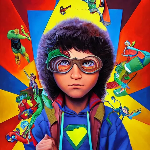 Prompt: a young man as a super hero, pixar cute, highly detailed, sharp focus, digital painting, artwork by Jeremiah Ketner + Mati Klarwein + Fintan Magee + Chris Mars