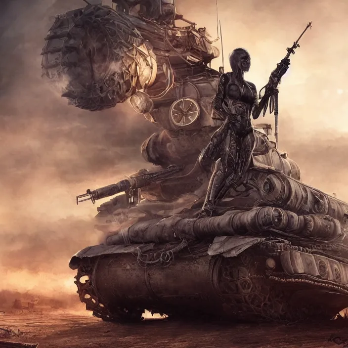 Prompt: beautiful apocalyptic woman in hood, standing on mad max panzer tank, hyper-detailed, smooth, sharp focus, 4k ultra hd, fantasy dark art, tank girl, artgerm, artstation, octane render, elegant, detailed digital painting, apocalyptic art