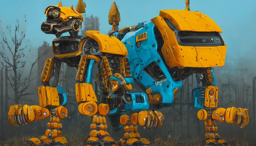 Image similar to an intricate oil painting of a giant south african armored cheetah shaped scrap metal mecha by simon stalenhag, yellow, orange and cyan paint decals