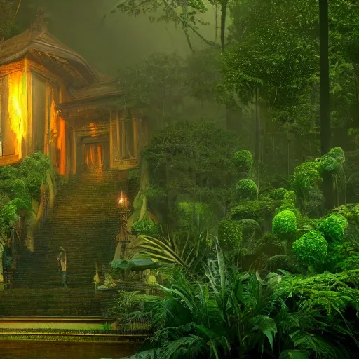 Prompt: A golden monkey temple deep in a rain soaked jungle, emerald leaves all around; light steeps through the petalled leaves and dappled shadows coast over a mossy floor. Ruby torches burning with blue flame adorn a front door by greg rutkowski trending on artstation ultra realistic 8k octane render