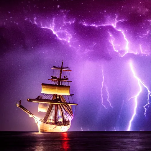 Image similar to purple color lighting storm with stormy sea, pirate ship firing its cannons real life trippy nebula sky 50mm shot