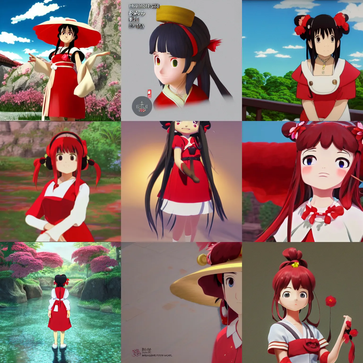 Prompt: a portrait painting of reimu hakurei, in a studio ghibli animated film, marble, gold, unreal engine 5