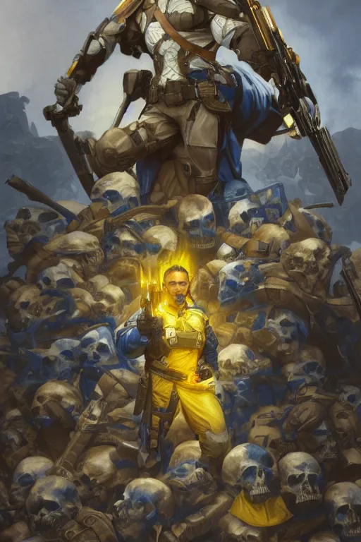 Prompt: A modern super soldier with a blue and yellow flag behind him is standing on a pile of skulls, D&D, fantasy, painted character portrait, highly detailed, digital painting, artstation, concept art, sharp focus, illustration, art by artgerm and greg rutkowski and alphonse mucha