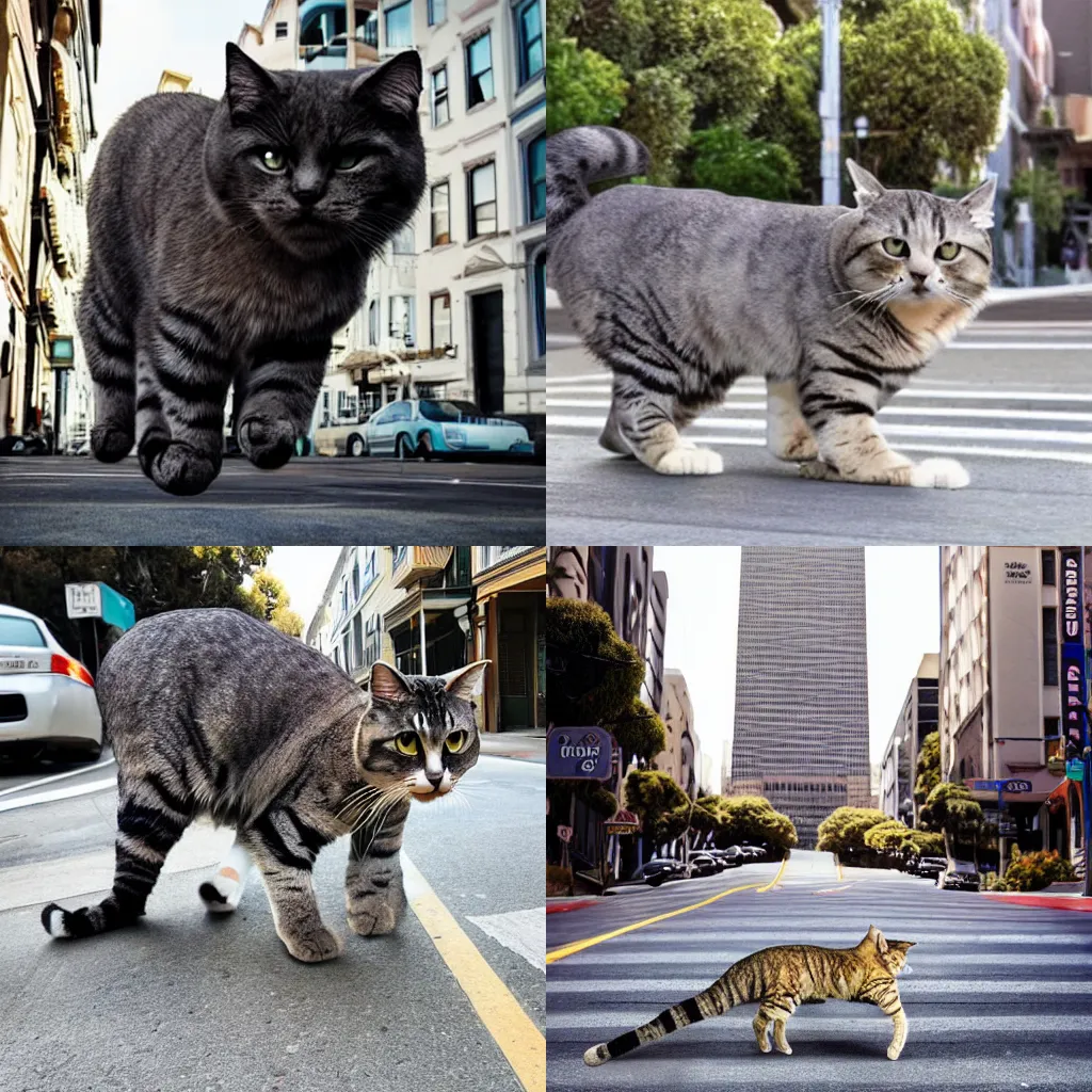 Prompt: Photo Of A Giant Cat Walking In San Francisco, Photorealistic