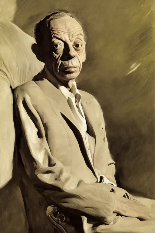 Prompt: portrait of don knotts sitting with full face full figure, in the style of expressionism, soft light, volumetric light, subsurface scattering, translucent skin, john singer sargent, andrew wyeth, jamie wyeth, john singer sargent,