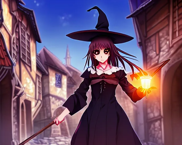 Image similar to key anime visual portrait of a young female witch walking through a busy medieval village, dynamic pose, dynamic perspective, cinematic, dramatic lighting, detailed silhouette, anime proportions, perfect anime face