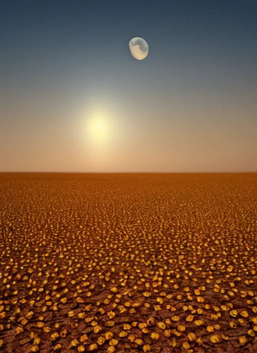 Prompt: an endless desert, only one sunflower, a moon in the sky