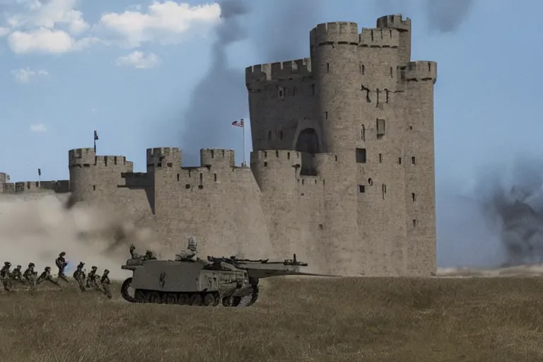 Prompt: the us military attacking a castle owned by a group of huge animals, dramatic angle, photorealistic, 1 4 k hd quality, highly detailed, vibrant, more coherent, super high quality, hyper realistic