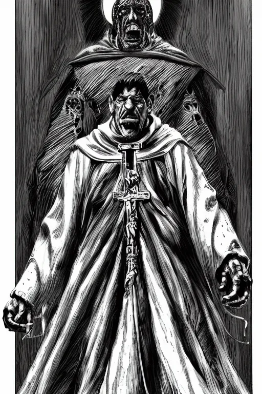 Image similar to Danny Trejo as church nun, dark fantasy, highly detailed, artstation, manga illustration by Kentaro Miura berserk