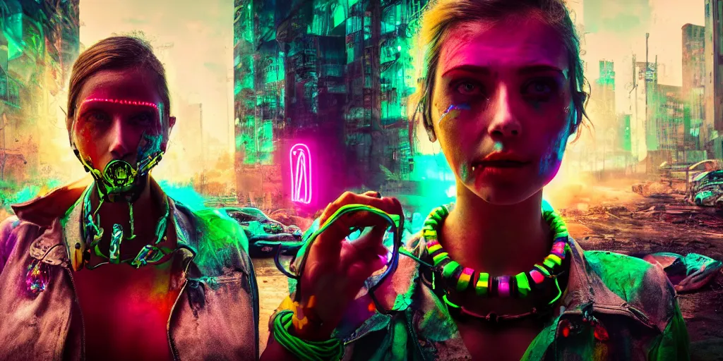 Image similar to post apocalyptic scene with half android half female wearing jewelry along mutated animals and colorful neon from far dystopian city, ultra wild lens, high details, 8k