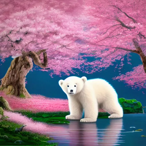 Image similar to cute fluffy white polar bear cub sitting under a pink cherry blossom tree japanese landscape detailed painting 4K