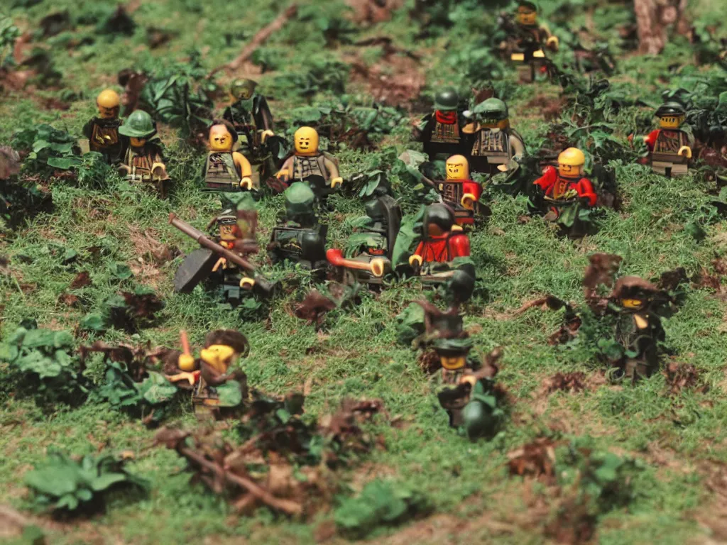 Image similar to vietnam war lego - figurines fighting in dense jungle, fog, vines, lot's of action, explosions, bullets flying, tracer bullets, blood, 1 9 7 0, military archive photo