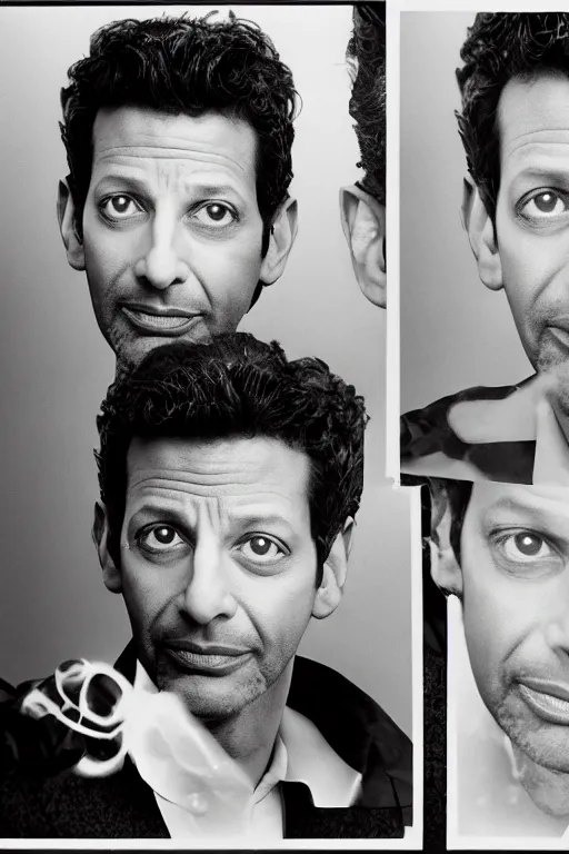 Prompt: double exposure composite portrait, floating head portrait, first jeff goldblum profile on top and the second jeff goldblum facing the camera on bottom, jc penney studio 1 9 8 5