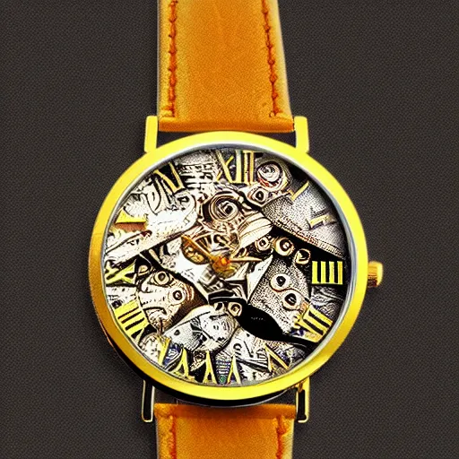 Prompt: golden intricate watch face, digital art, brand visible