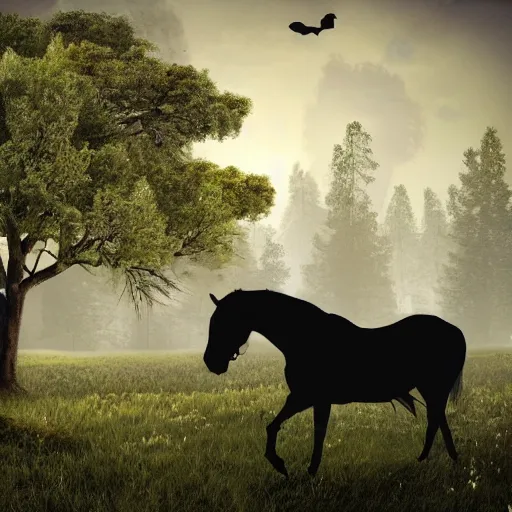 Prompt: realistic man camping next to a spooky tree with horse sneaking up