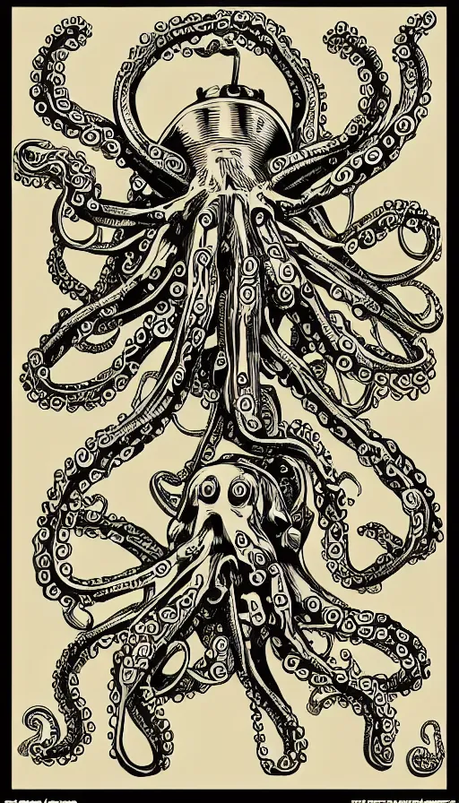 Image similar to robot with octopus tentacles, hand drawn illustration, antique style poster, highly detailed vector art