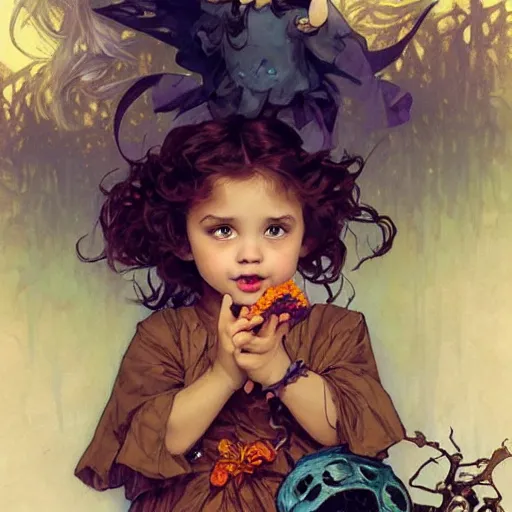 Image similar to a cute happy little girl with light brown wavy curly hair and blue eyes sitting amidst piles of halloween decorations. beautiful cute highly detailed face. halloween themed painting by artgerm and greg rutkowski and alphonse mucha.