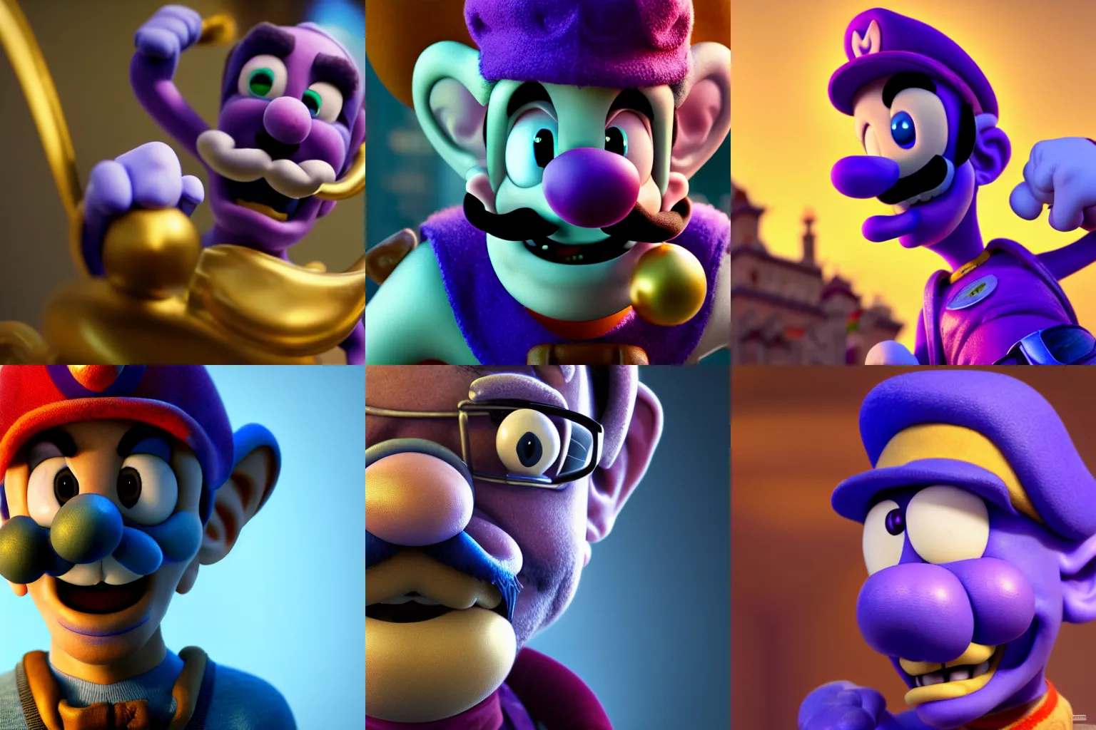 Prompt: incredibly realistic, too detailed face of smurf waluigi, octane render, bump mapping, macro image, global illumination, 8 k, bokeh, enki bilal, yuji himukai, jen zee, mohrbacher