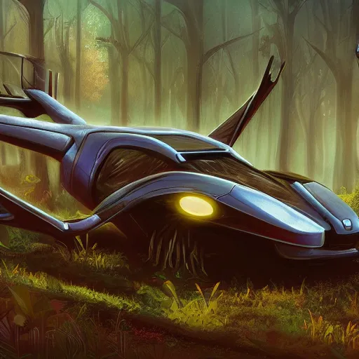 Prompt: flying car in futuristic spiritual mystical post apocalyptic forest by ron gilbert, beautiful, crisp, artstation, highly detailed