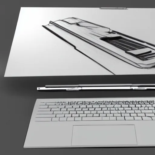 Image similar to drawing of innovative concept laptop by Japanese engineers, blade runner style, 3d, photorealism