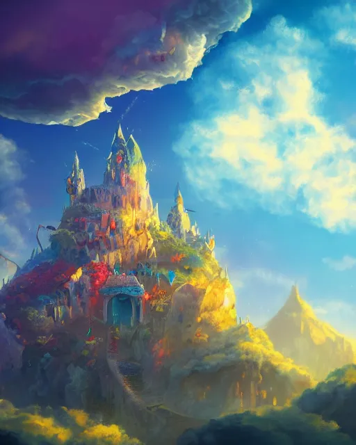 Image similar to flying cloud castle, bubble buildings, illustration, bright, blue sky, mountains, colorful, cinematic lighting, fantasy, high detail, masterpiece, artstation, 4 k, art by wylie beckert