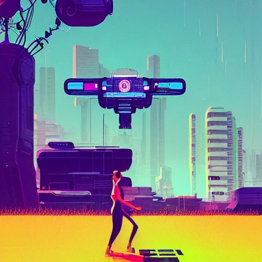 Prompt: a graph - style woman walking across a lush green field, a huge robot head in front of her, cyberpunk art by james gilleard, cgsociety, retrofuturism, synthwave, retrowave, outrun