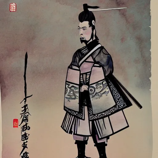 Image similar to Japanese samurai standing dramatically, ink and colors on silk, trending on Pixiv, zoomed out, Monochrome, watercolor